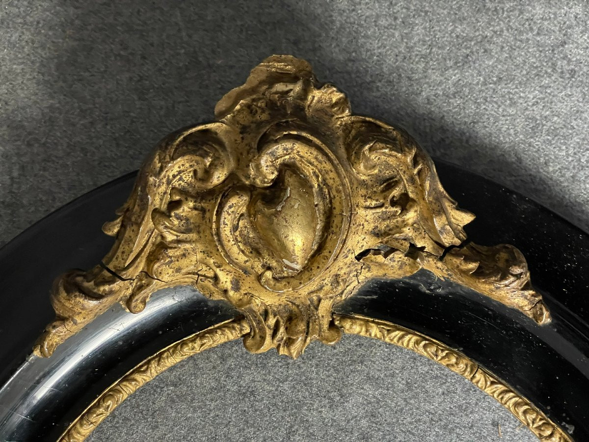 Large Oval Frame In Black And Gold Lacquered Wood, 19th Century, Napoleon III Period-photo-3