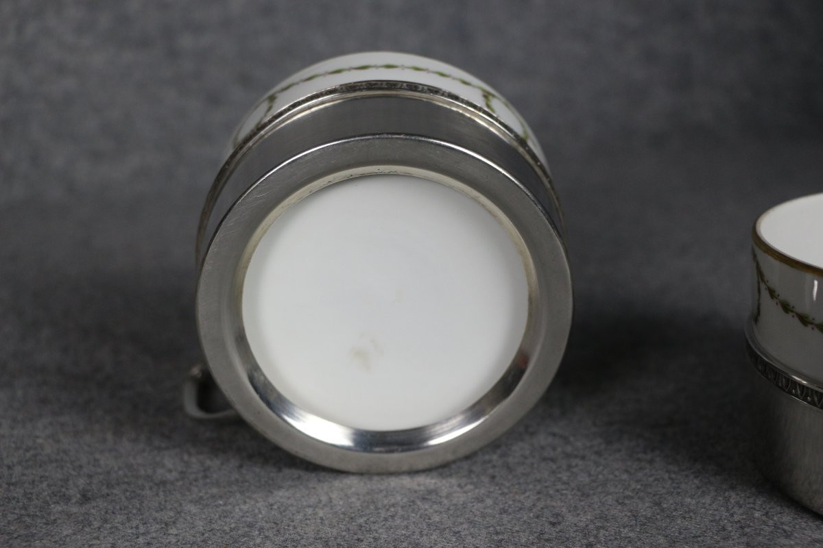 Pair Of Large Chocolate Cups In Porcelain And Silver-plated Metal -photo-5