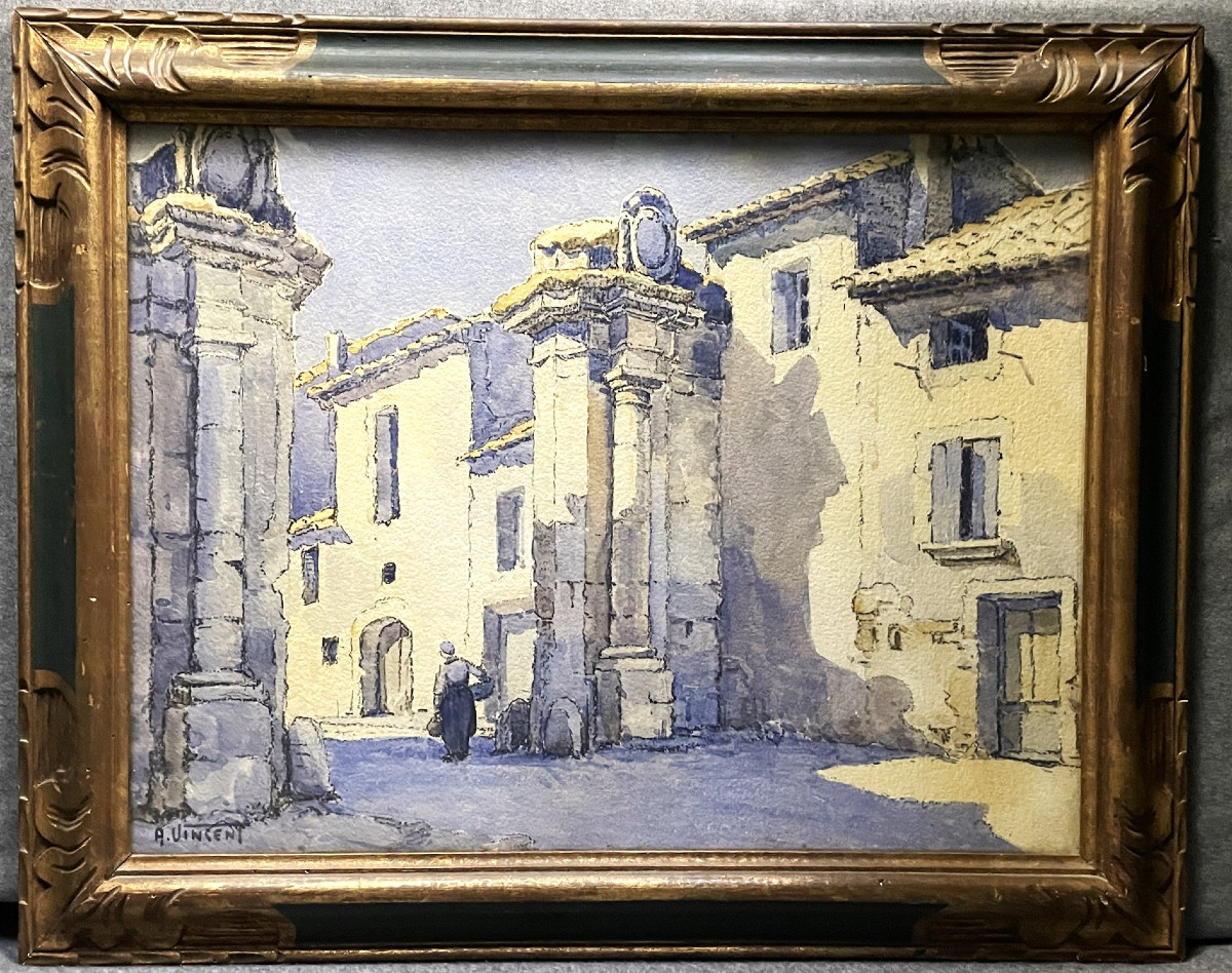 Villeneuve les Avignon par Antoine Vincent grande aquarelle vers 1930