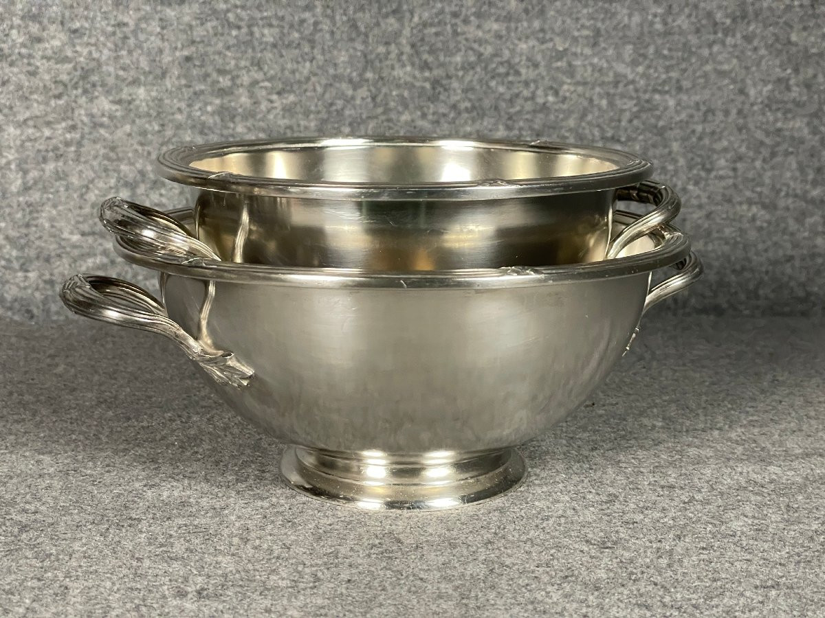 Three Silver-plated Metal Soup Dishes Decorated With Olive Branches, By The Silversmith Boulenger.-photo-3