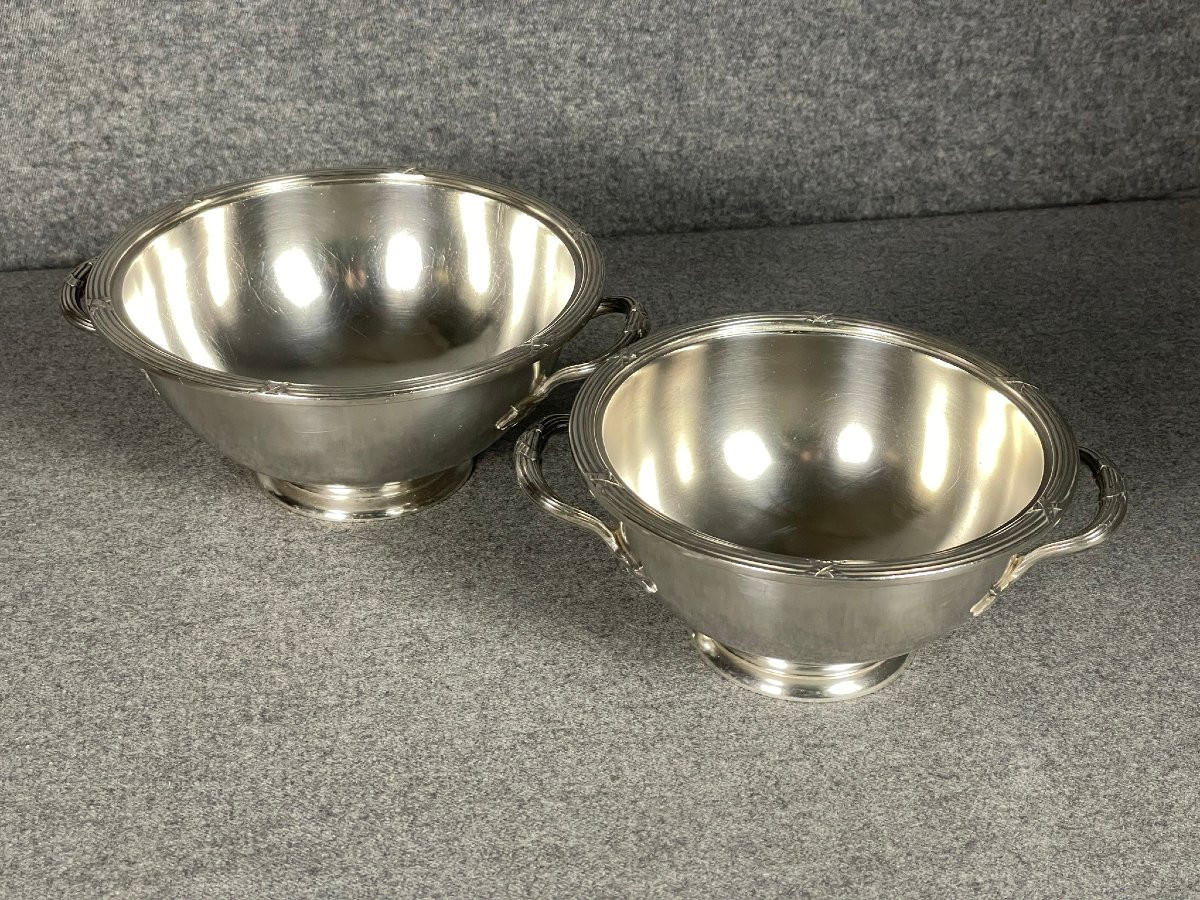 Three Silver-plated Metal Soup Dishes Decorated With Olive Branches, By The Silversmith Boulenger.-photo-1