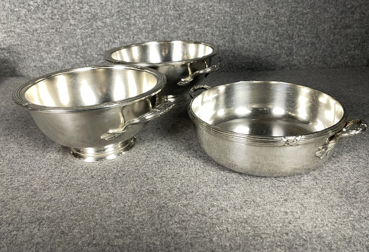 Three Silver-plated Metal Soup Dishes Decorated With Olive Branches, By The Silversmith Boulenger.-photo-3