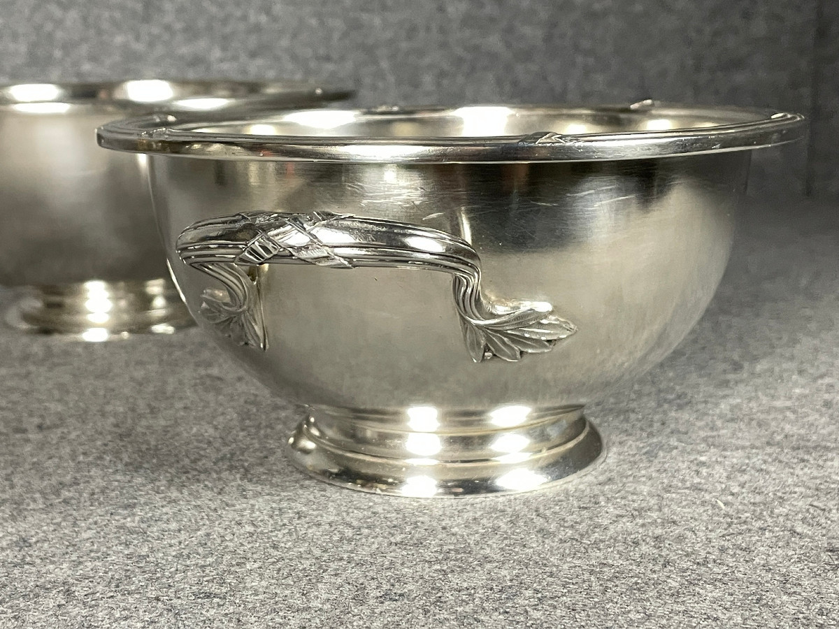 Three Silver-plated Metal Soup Dishes Decorated With Olive Branches, By The Silversmith Boulenger.