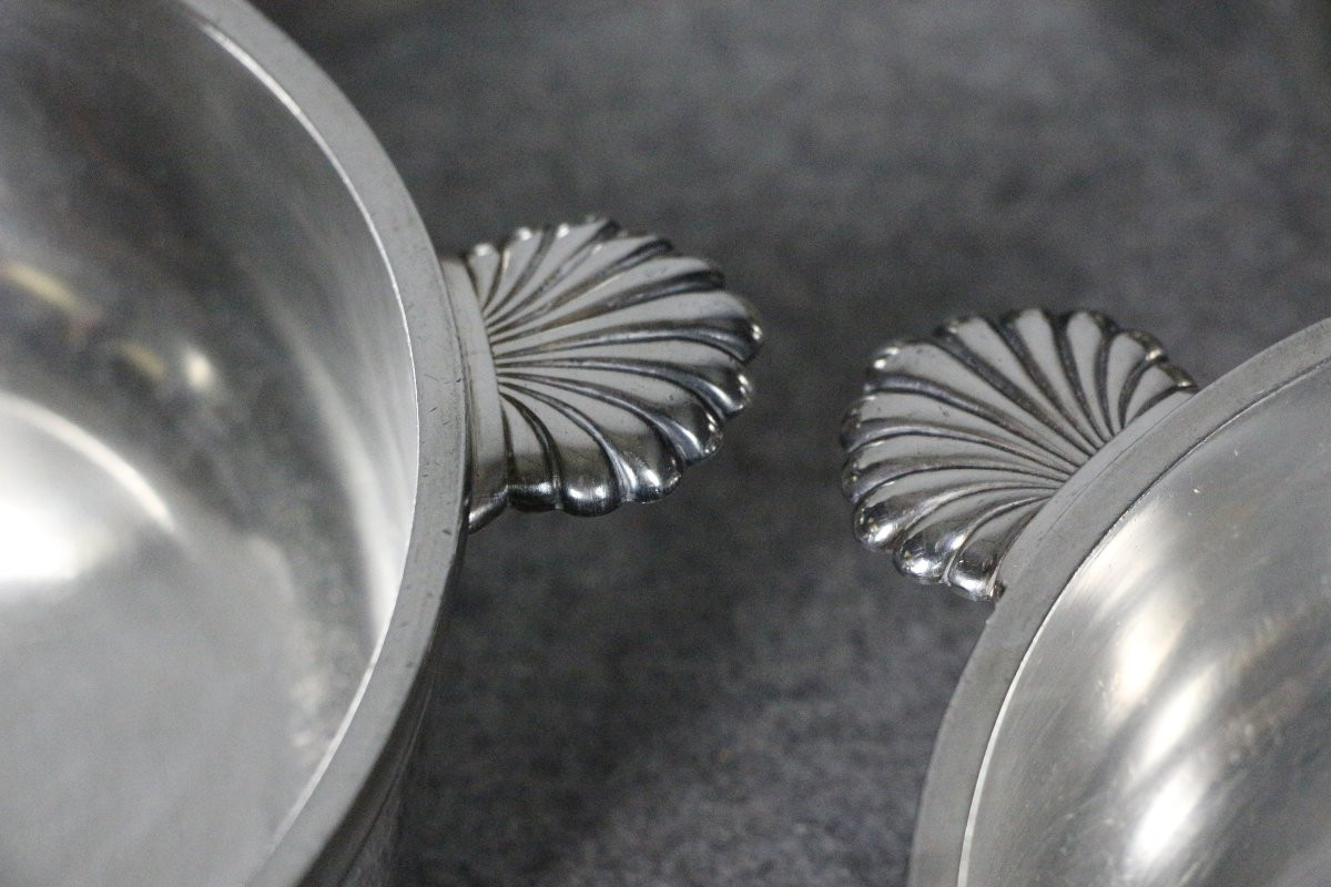 Set Of Eight Deep Dishes, Shell-shaped Handles, "white Metal," Early 20th Century-photo-4