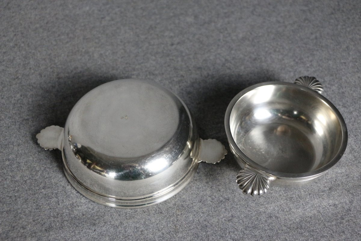 Set Of Eight Deep Dishes, Shell-shaped Handles, "white Metal," Early 20th Century-photo-5