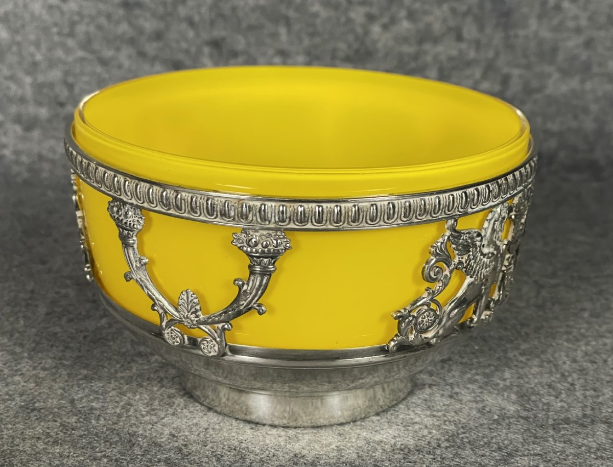 Yellow Opaline Glass Trinket Dish With Silver-plated Metal Frame, 19th Century-photo-3