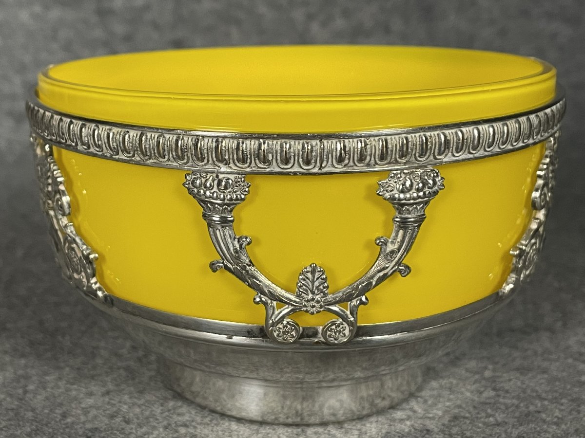 Yellow Opaline Glass Trinket Dish With Silver-plated Metal Frame, 19th Century-photo-4