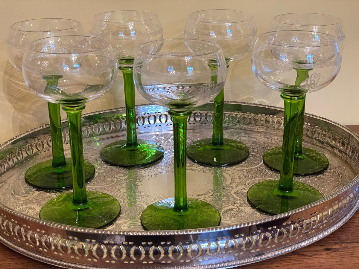 Verres à vin blanc en cristal gravé, vin d’Alsace, verre rhénan appelé « Roemer »-photo-2