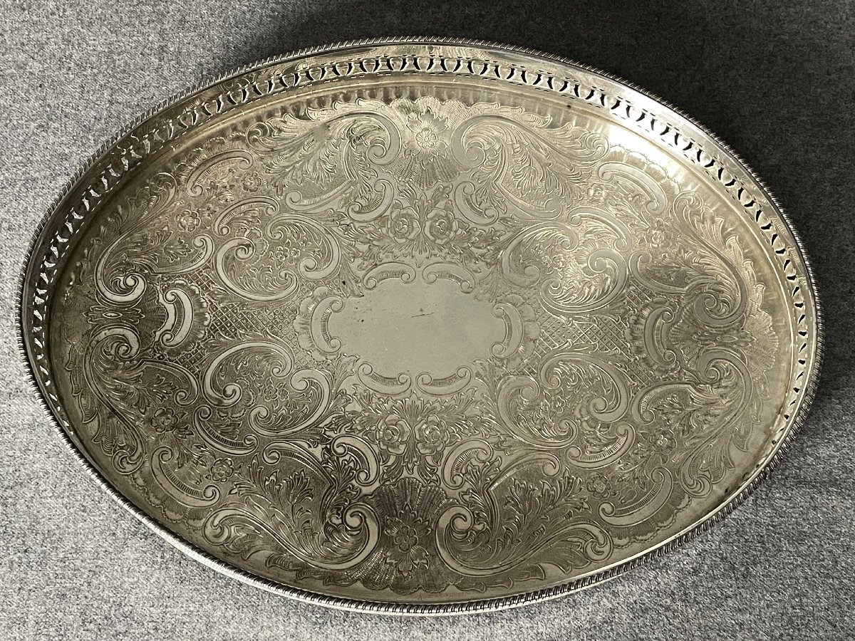 Plateau à thé, surtout,  en argent anglais gravé d’arabesques début XXème -photo-2