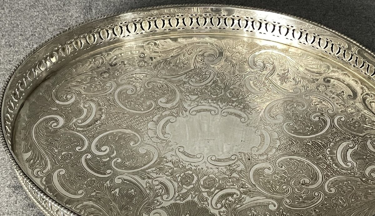 Plateau à thé, surtout,  en argent anglais gravé d’arabesques début XXème -photo-3