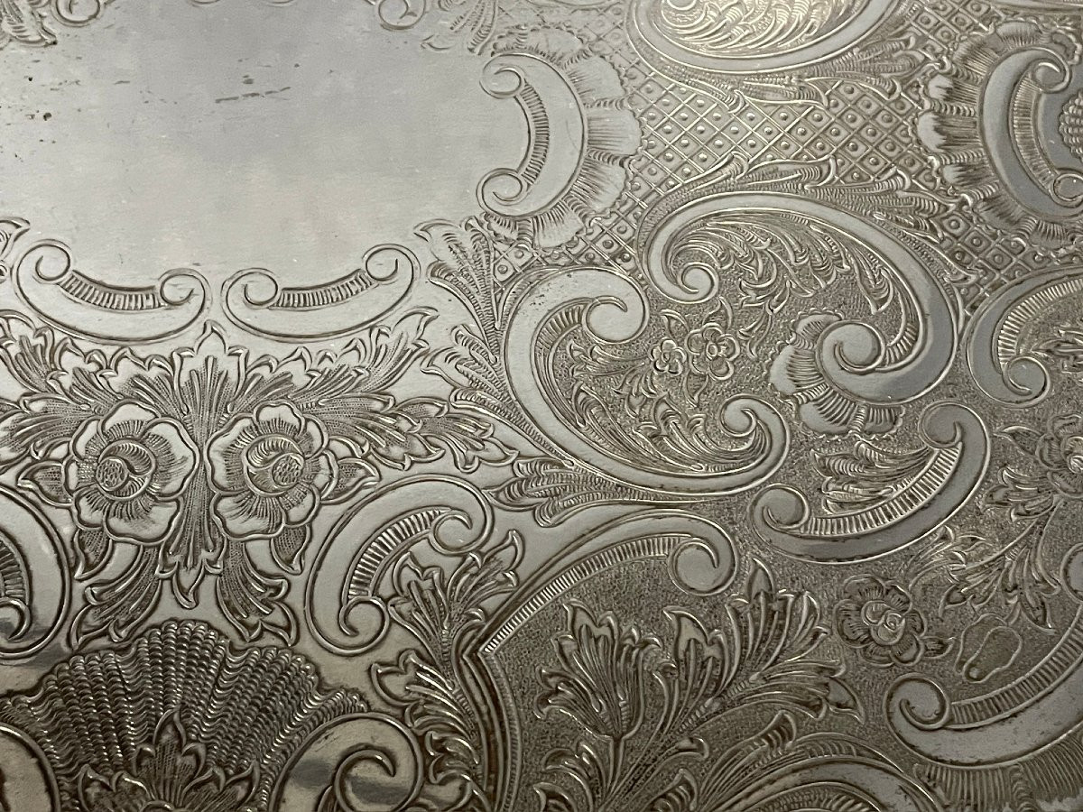 Plateau à thé, surtout,  en argent anglais gravé d’arabesques début XXème -photo-4