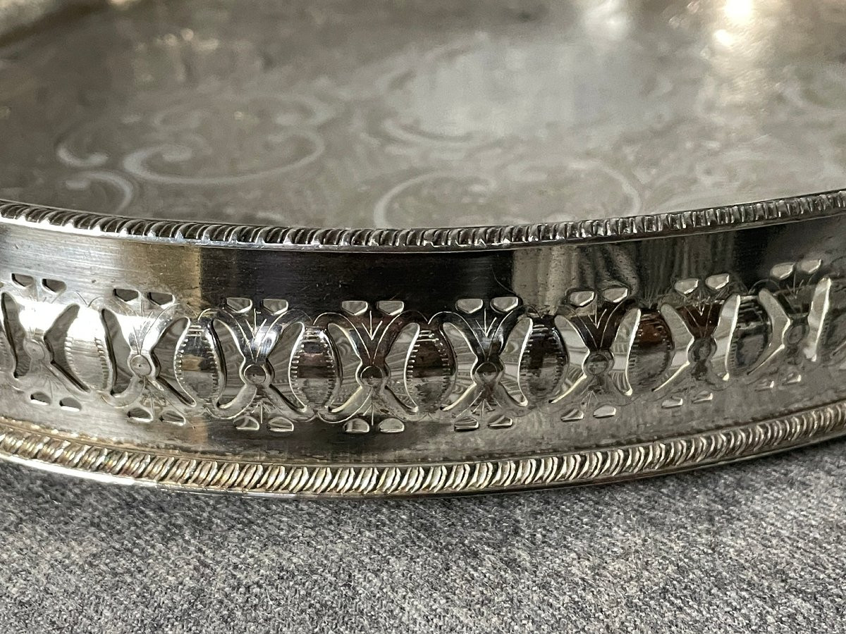 Plateau à thé, surtout,  en argent anglais gravé d’arabesques début XXème -photo-2