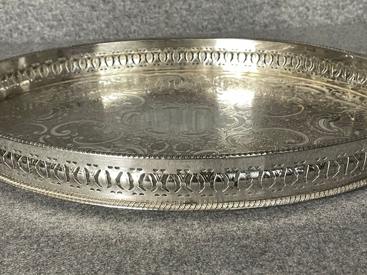 Plateau à thé, surtout,  en argent anglais gravé d’arabesques début XXème -photo-4