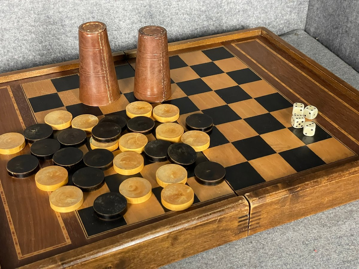 Jeu de jacquet, coffret complet avec échiquier, pièces et pions, dit aussi backgammon, TricTrac-photo-2