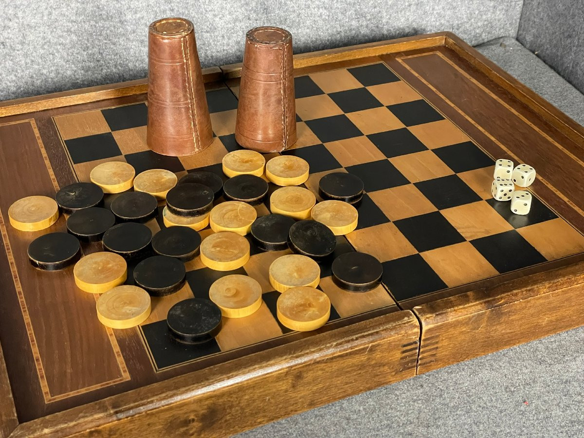 Jeu de jacquet, coffret complet avec échiquier, pièces et pions, dit aussi backgammon, TricTrac-photo-7
