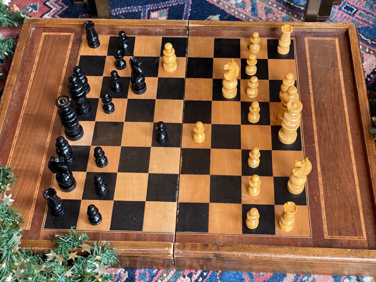 Jeu de jacquet, coffret complet avec échiquier, pièces et pions, dit aussi backgammon, TricTrac