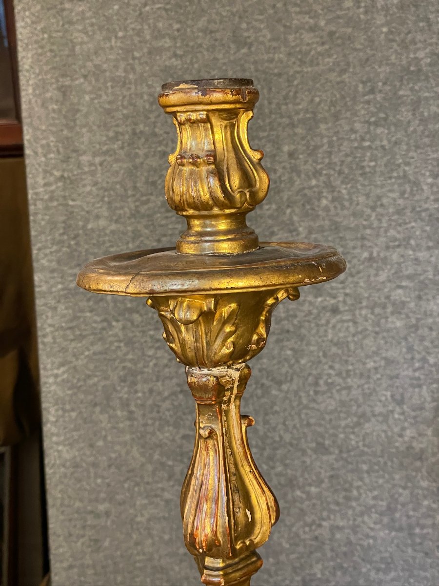 Grande torchère, pique cierge, flambeau, chandelier, en bois sculpté doré début XVIIIème siècle-photo-4