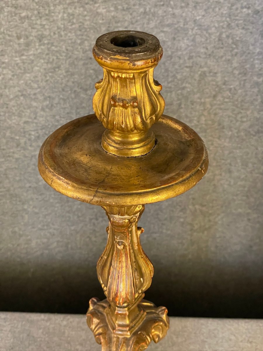 Grande torchère, pique cierge, flambeau, chandelier, en bois sculpté doré début XVIIIème siècle-photo-5