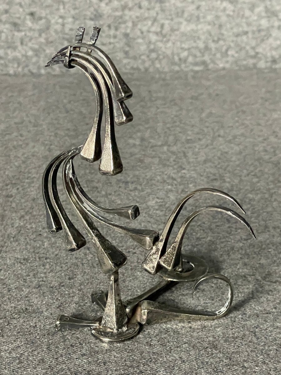 Coq stylisé pique cierge, bougeoir en métal argenté -photo-2