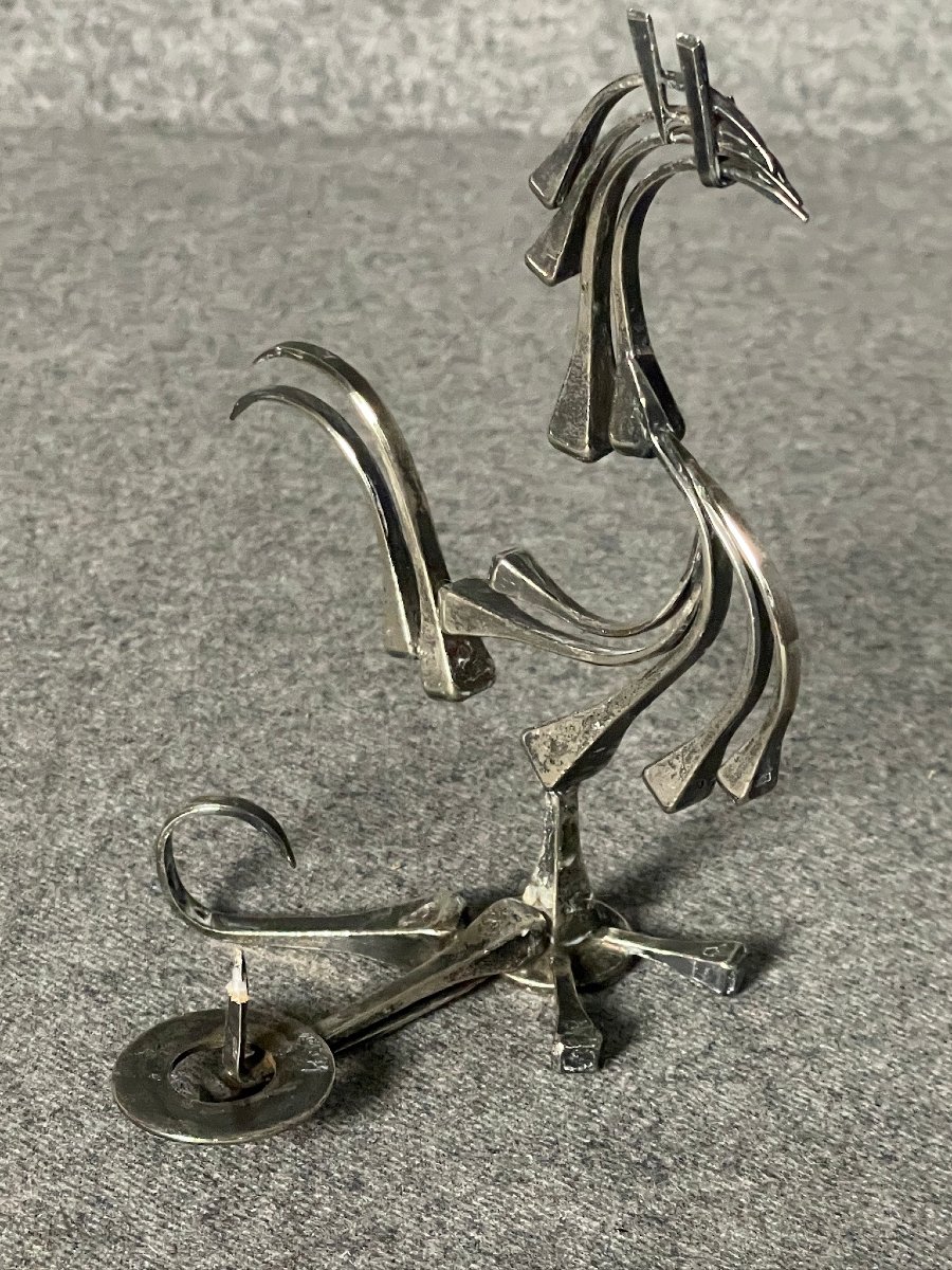 Coq stylisé pique cierge, bougeoir en métal argenté -photo-3