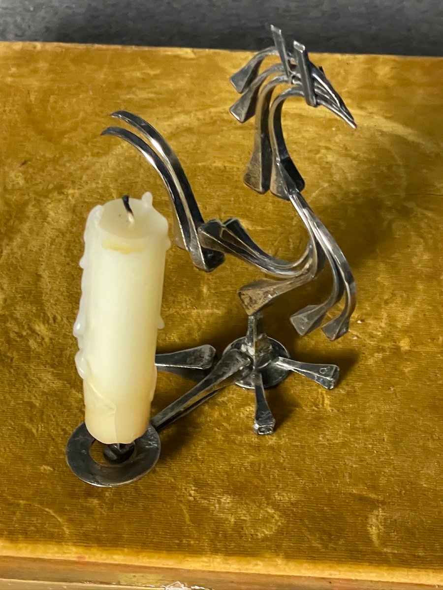 Coq stylisé pique cierge, bougeoir en métal argenté -photo-4