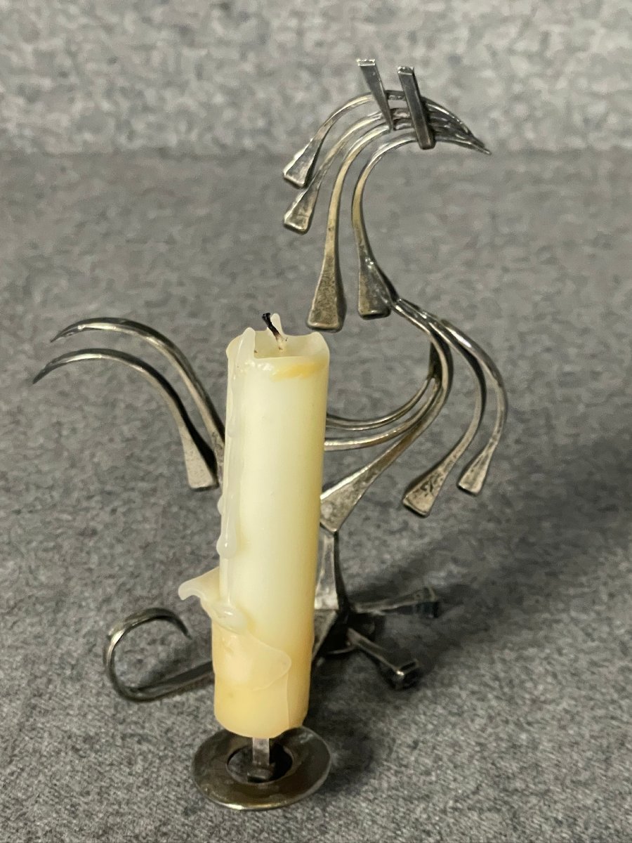 Coq stylisé pique cierge, bougeoir en métal argenté -photo-1