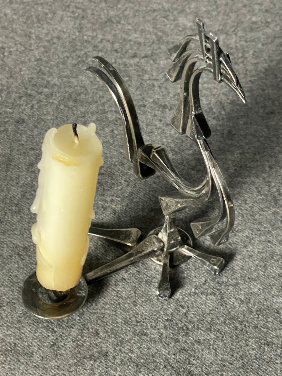 Coq stylisé pique cierge, bougeoir en métal argenté -photo-2