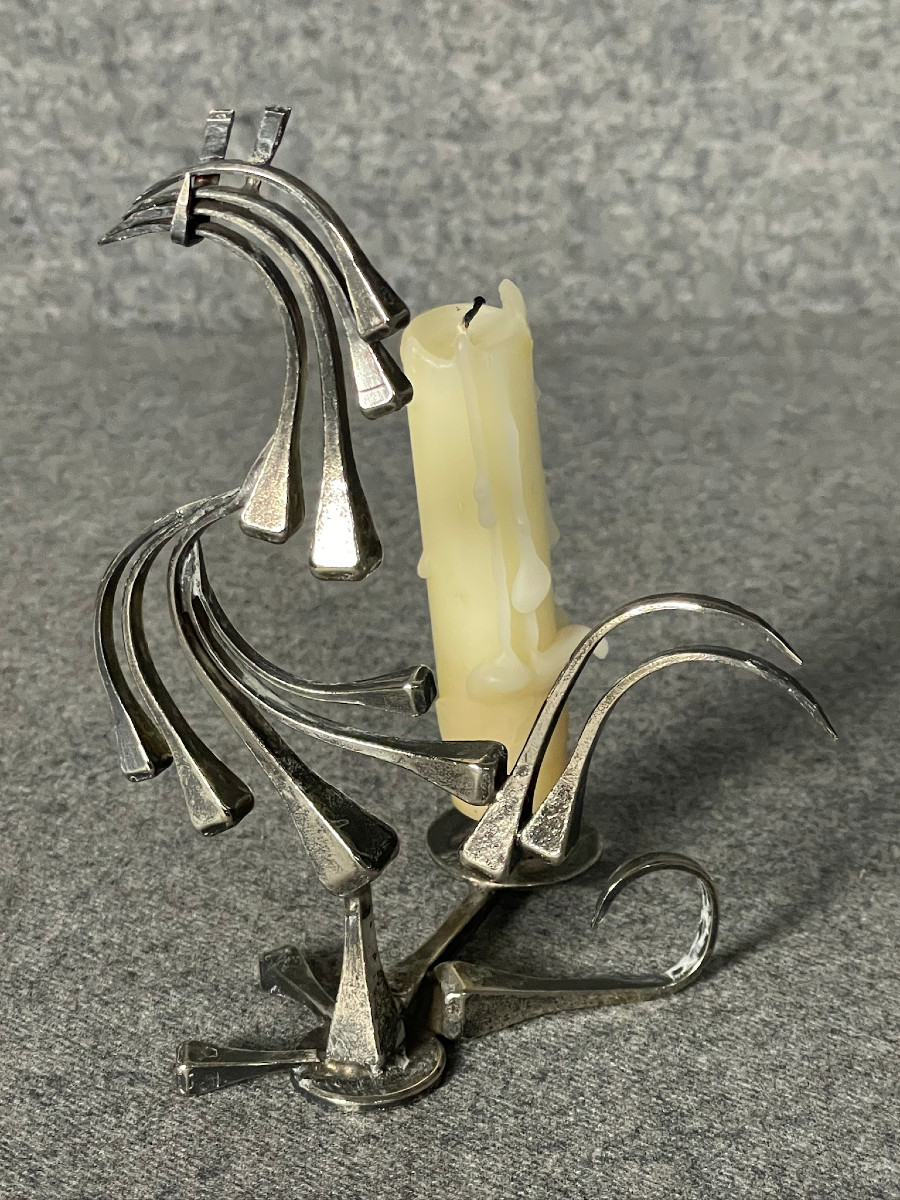 Coq stylisé pique cierge, bougeoir en métal argenté 