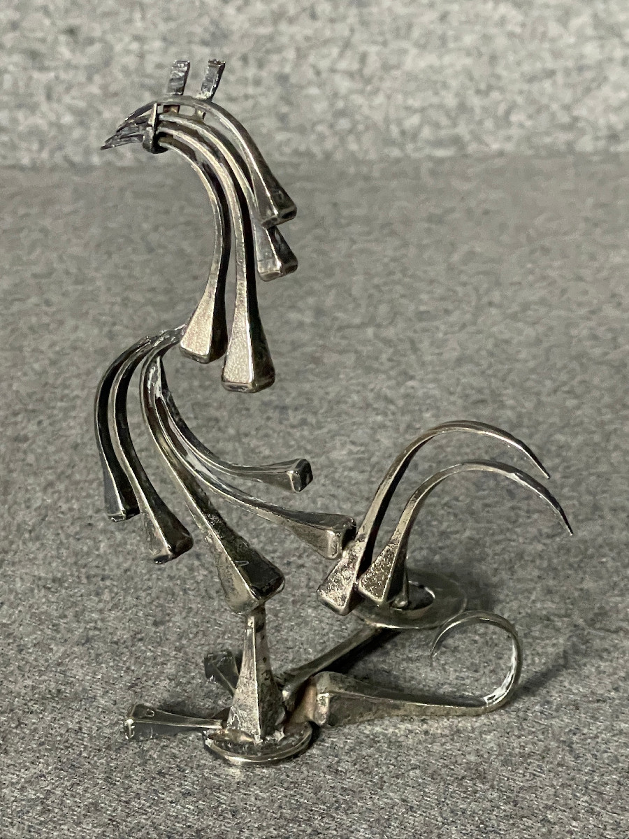 Coq stylisé pique cierge, bougeoir en métal argenté 