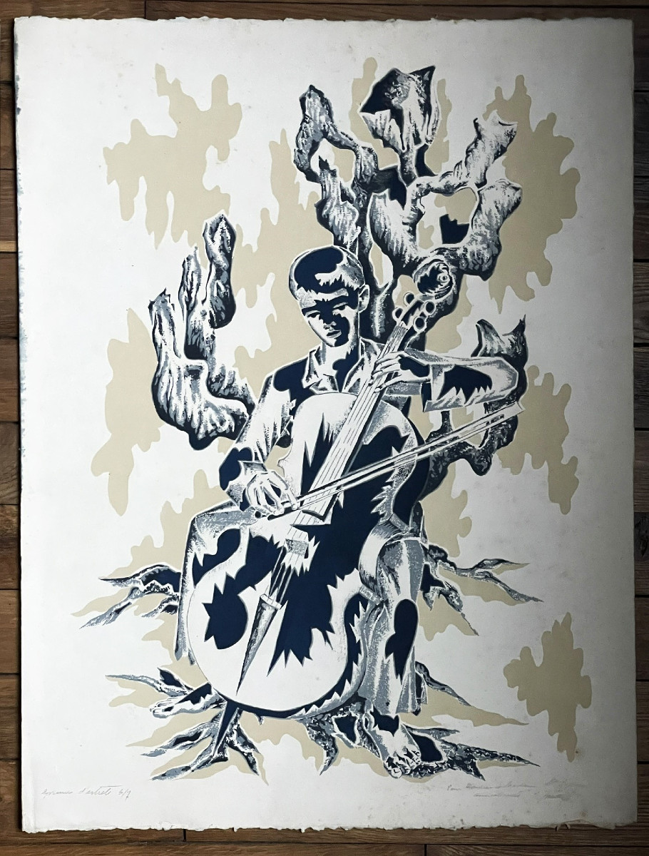Le violoncelliste par Elie Grekoff gravure dédicacée épreuve d’artiste