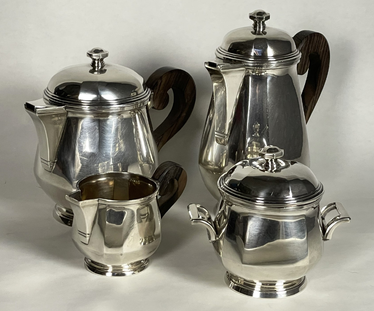 Art Deco Solid Silver Coffee And Tea Service By Silversmith Bibollet, Circa 1930 