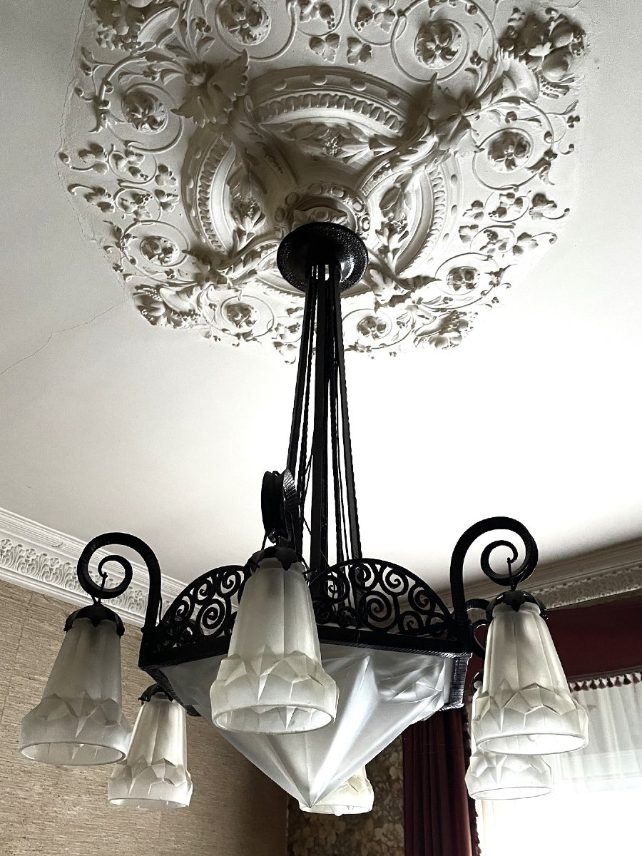 David Guéron dit Degué : lustre Art Déco grande vasque et 6 tulipes vers 1930-photo-2