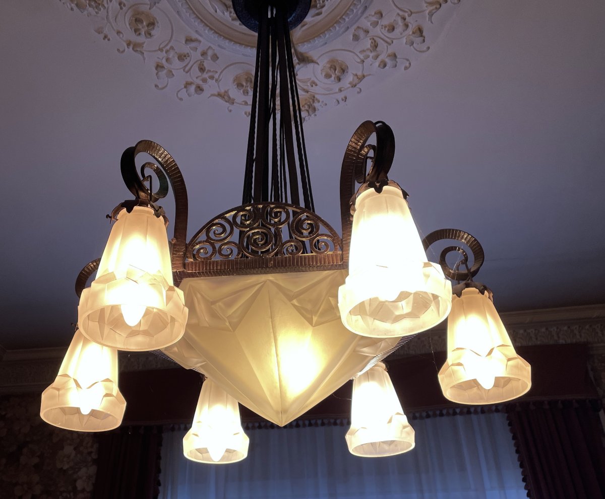 David Guéron dit Degué : lustre Art Déco grande vasque et 6 tulipes vers 1930-photo-3