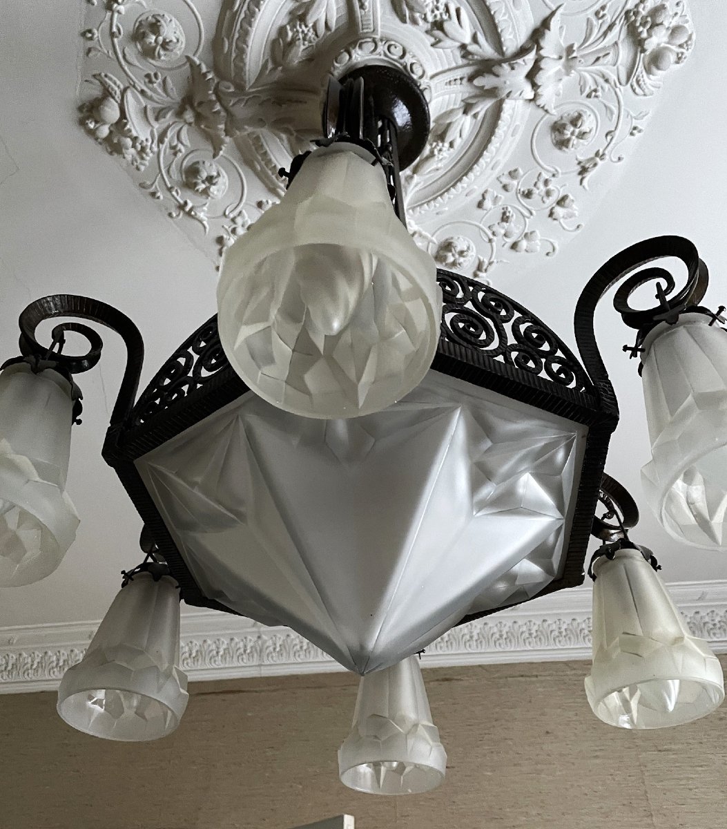 David Guéron dit Degué : lustre Art Déco grande vasque et 6 tulipes vers 1930-photo-4