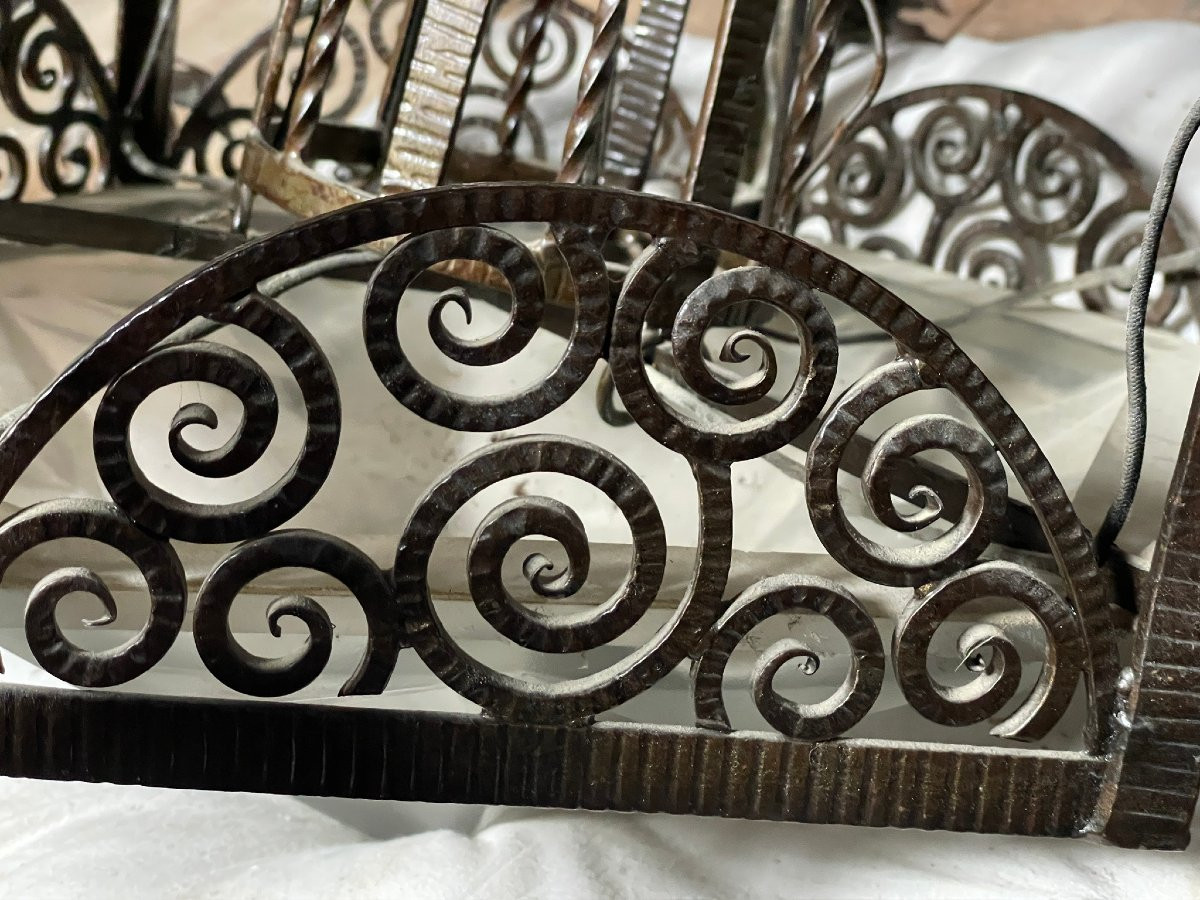 David Guéron dit Degué : lustre Art Déco grande vasque et 6 tulipes vers 1930-photo-2