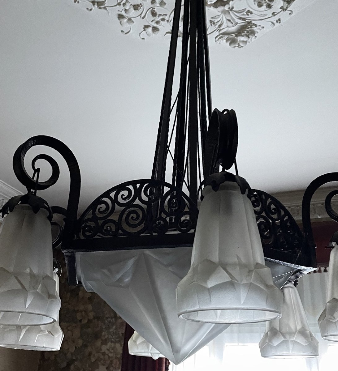 David Guéron dit Degué : lustre Art Déco grande vasque et 6 tulipes vers 1930-photo-3
