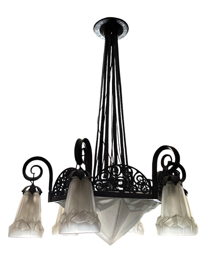 David Guéron dit Degué : lustre Art Déco grande vasque et 6 tulipes vers 1930