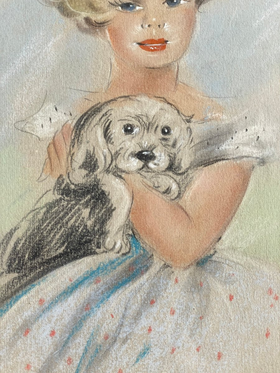Young Girl With A Small Dog By Jules Gustave Lempereur (belgian School) In The Style Of Domergue-photo-3