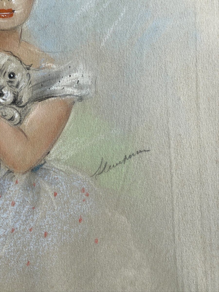 Young Girl With A Small Dog By Jules Gustave Lempereur (belgian School) In The Style Of Domergue-photo-4