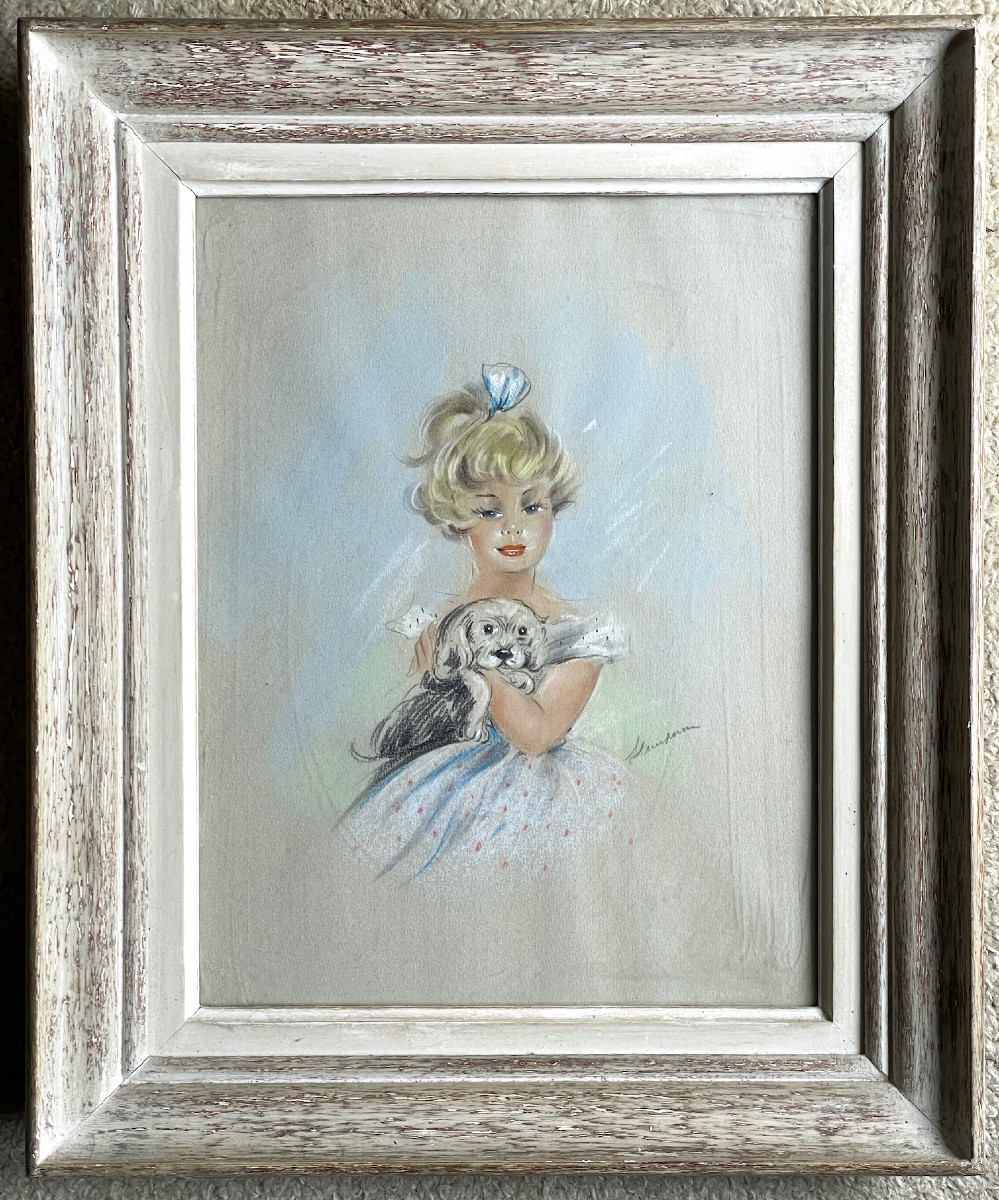 Young Girl With A Small Dog By Jules Gustave Lempereur (belgian School) In The Style Of Domergue-photo-2