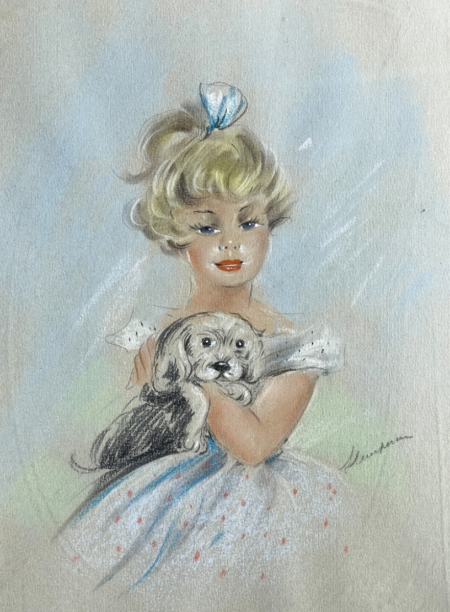 Young Girl With A Small Dog By Jules Gustave Lempereur (belgian School) In The Style Of Domergue