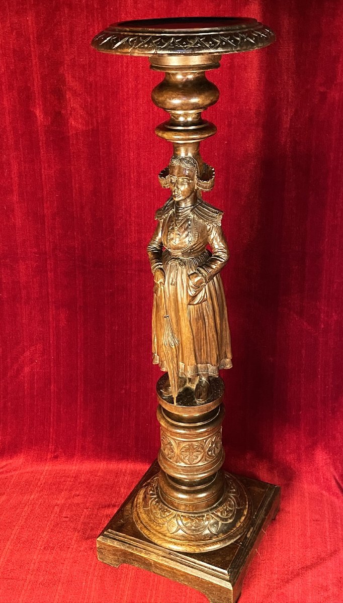 Carved Wooden Pedestal Table: Breton Woman With Umbrella, Pont-aven – Brittany, Late 19th Century-photo-3