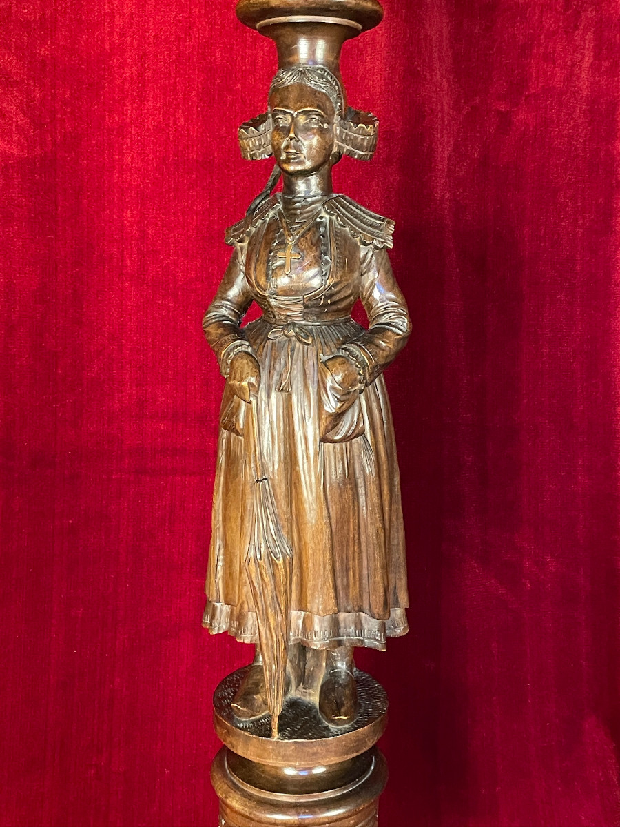 Carved Wooden Pedestal Table: Breton Woman With Umbrella, Pont-aven – Brittany, Late 19th Century-photo-2