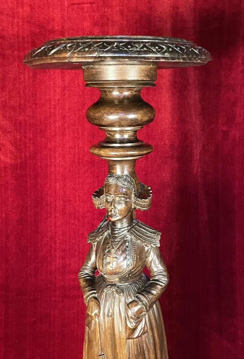 Carved Wooden Pedestal Table: Breton Woman With Umbrella, Pont-aven – Brittany, Late 19th Century-photo-2