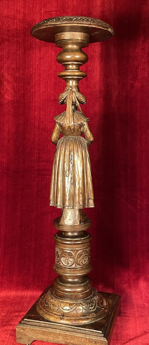 Carved Wooden Pedestal Table: Breton Woman With Umbrella, Pont-aven – Brittany, Late 19th Century-photo-4
