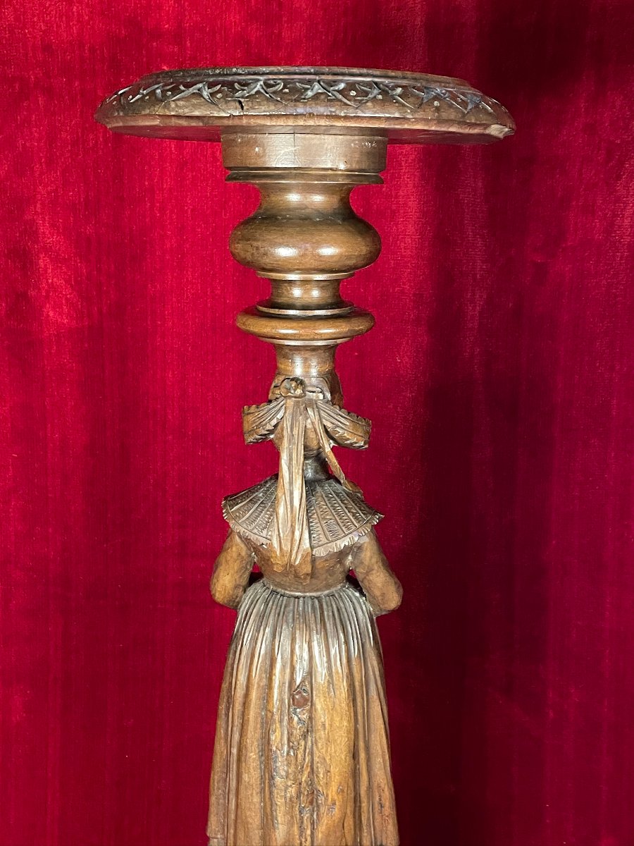 Carved Wooden Pedestal Table: Breton Woman With Umbrella, Pont-aven – Brittany, Late 19th Century-photo-5