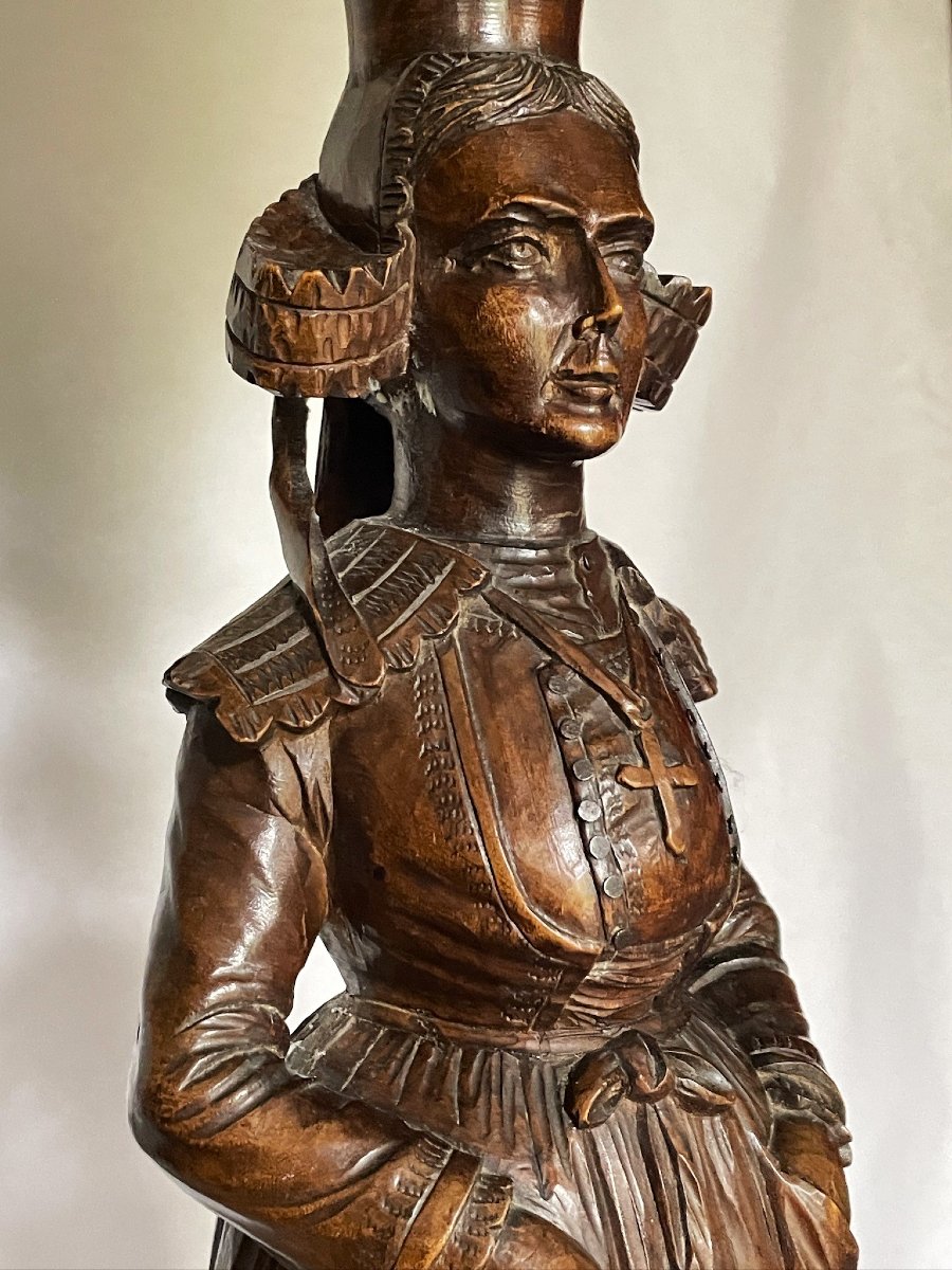 Carved Wooden Pedestal Table: Breton Woman With Umbrella, Pont-aven – Brittany, Late 19th Century-photo-8