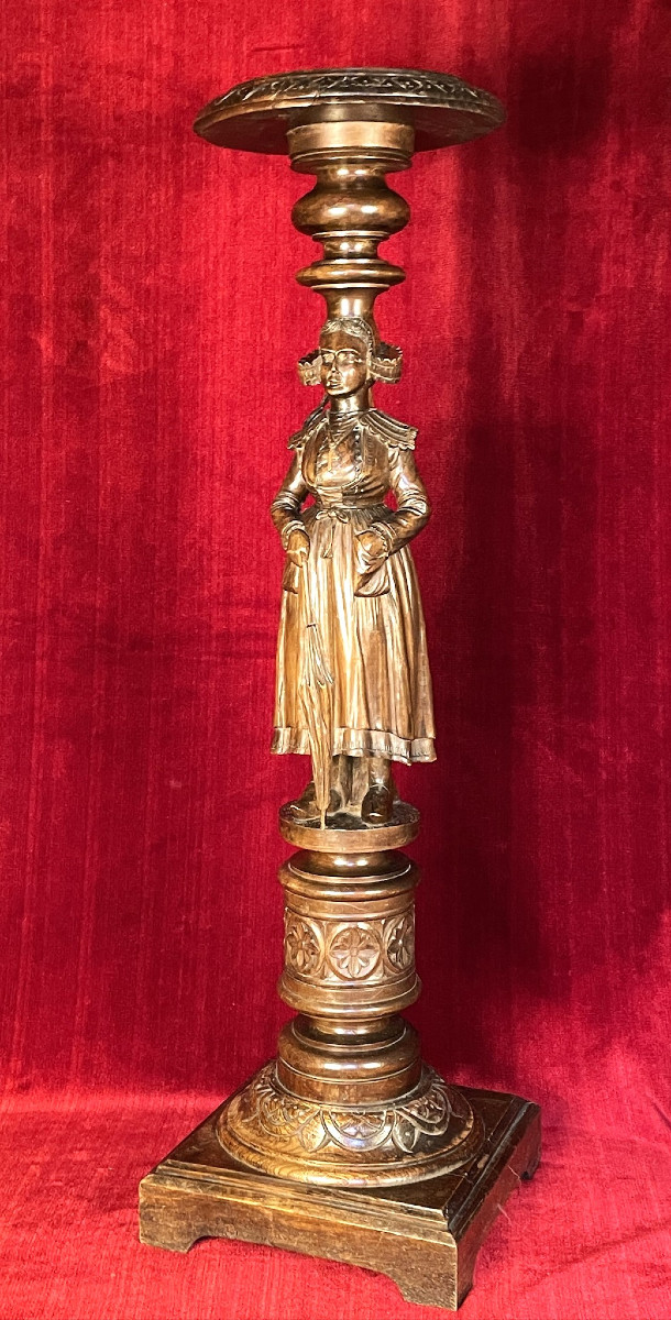 Carved Wooden Pedestal Table: Breton Woman With Umbrella, Pont-aven – Brittany, Late 19th Century