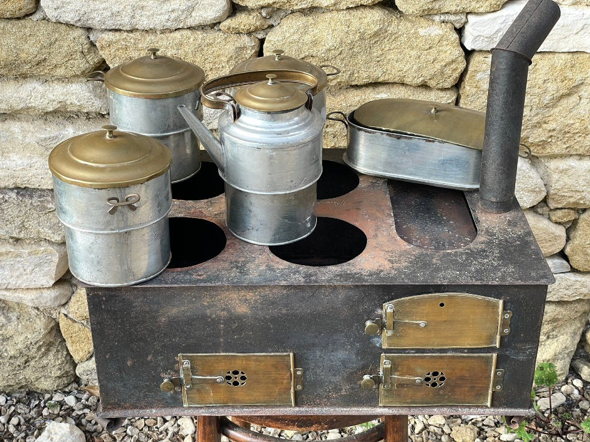 Large 19th Century Toy Stove, Oven, Doll Made Of Tinplate And Brass -photo-1