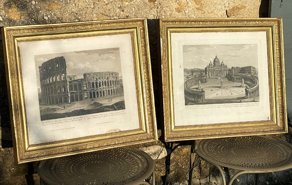 Paire de cadres Empire en bois doré et gravures Italie 1824